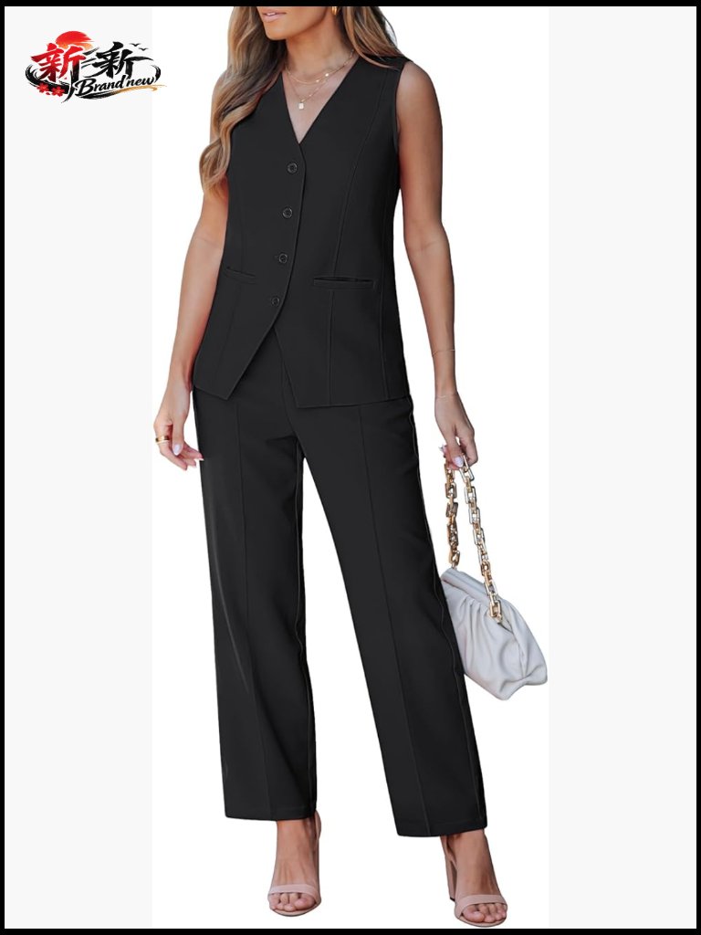 Vest Pantsuits 2 Piece Sets Sleeveless Blazer Straight Leg Dress Pants Business